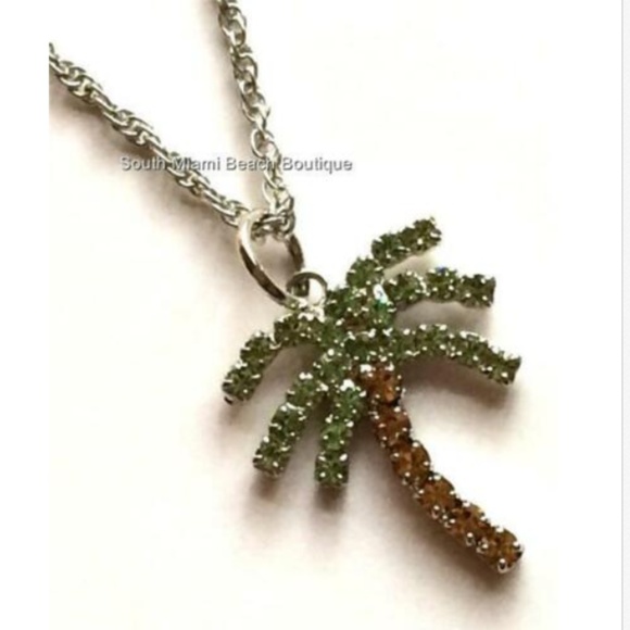 Crystal Palm Tree Necklace 24" Silver Plated Coconut Island X-Long Beach - Picture 2 of 8